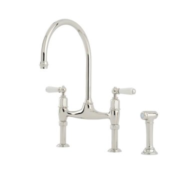 Ionian 2 hole bench mounted sink mixer with straight legs, porcelain lever taps & spray rinse