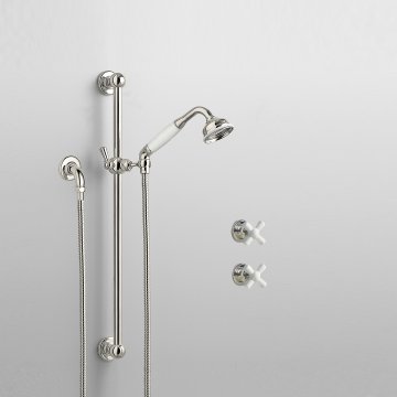 Rockwell shower layout RW3 with rail shower & crosshead shower taps with colour options