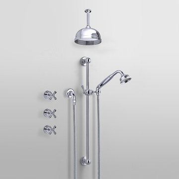ROCKWELL - Shower layout - ceiling arm, rose, handshower on rail & xheads