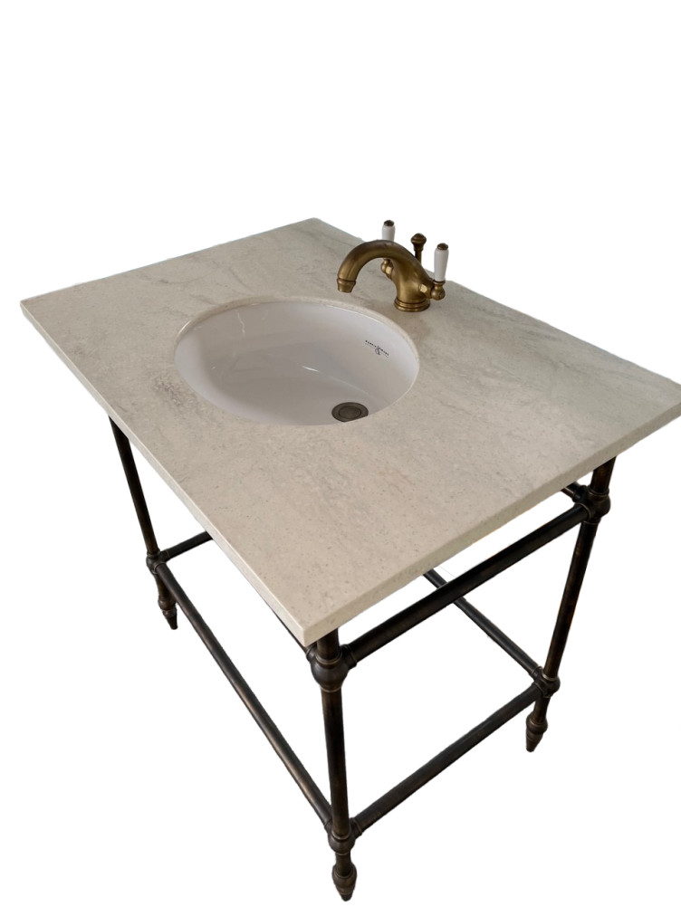 Perrin & Rowe - Undermount basin with Monobloc tap, pop up waste, Corian top & Ornate 4 leg basin stand with pointed feet in Bronze - N2855_HHRF-750-RPBZ_COR-BENCHTOP-885_N6705BN_N3635SB-NZ541 - QTY:1