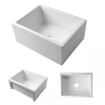 Acquello - White single fireclay sink. 610 x 460 x 250mm with waste and sink protector rack.