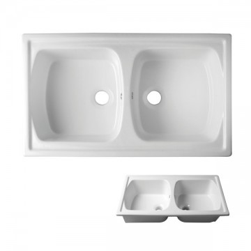 Acquello – Top mounted double White fireclay sink. 860 x 550mm with wastes