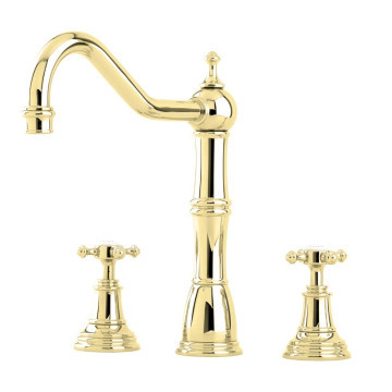 PERRIN & ROWE - ALSACE country three hole kitchen mixer with crossheads in gold