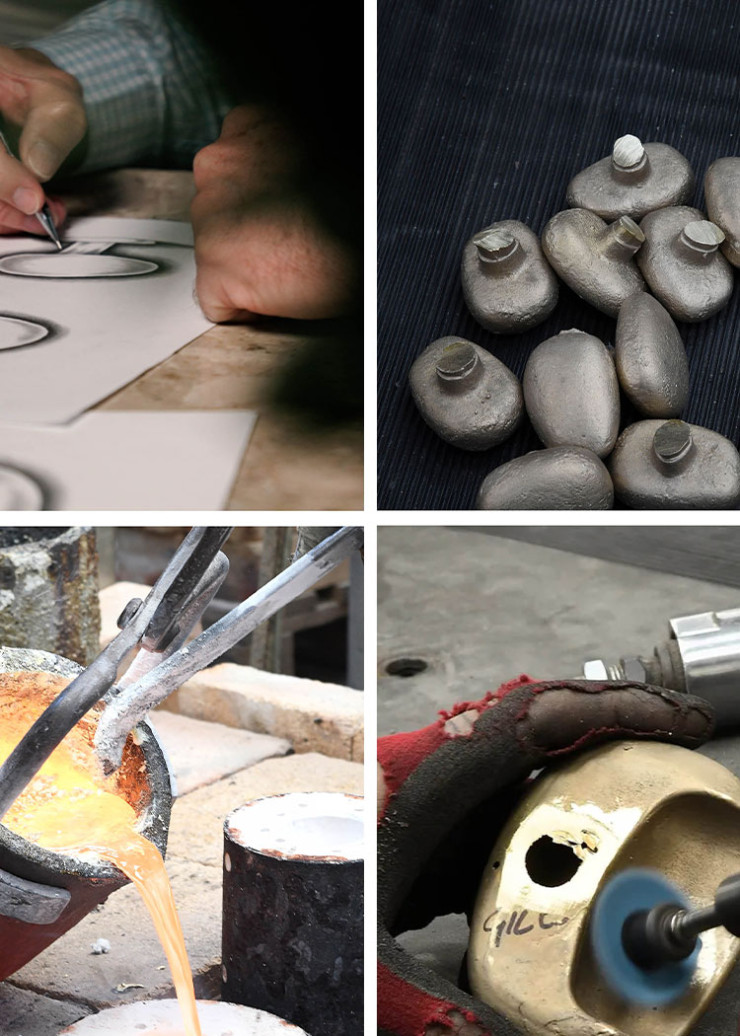 Hand casting using solid bronze and solid brass metals using lost wax technique to make organic cabinet and decorative door handles