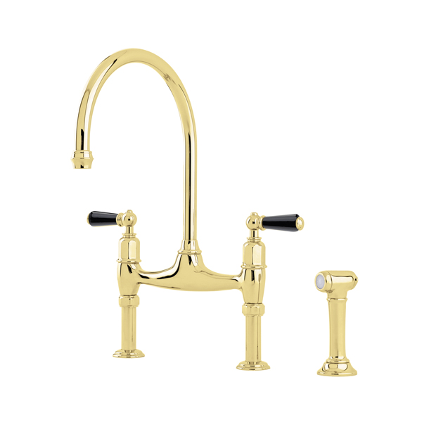 Ionian 2 hole bench mounted sink mixer with straight legs, porcelain lever taps & spray rinse