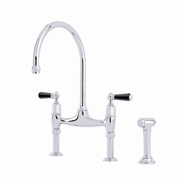 Ionian 2 hole bench mounted sink mixer with straight legs, porcelain lever taps & spray rinse