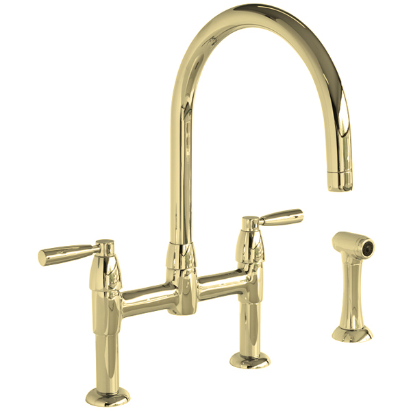 Io 2 hole bench mounted sink mixer with round spout, metal lever taps & spray rinse