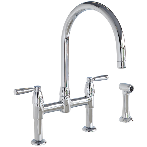 Io 2 hole bench mounted sink mixer with round spout, metal lever taps & spray rinse