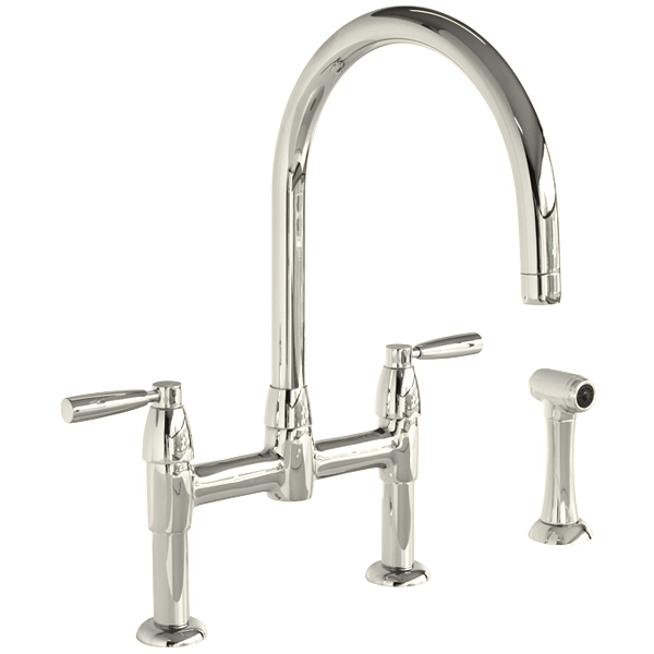 Io 2 hole bench mounted sink mixer with round spout, metal lever taps & spray rinse