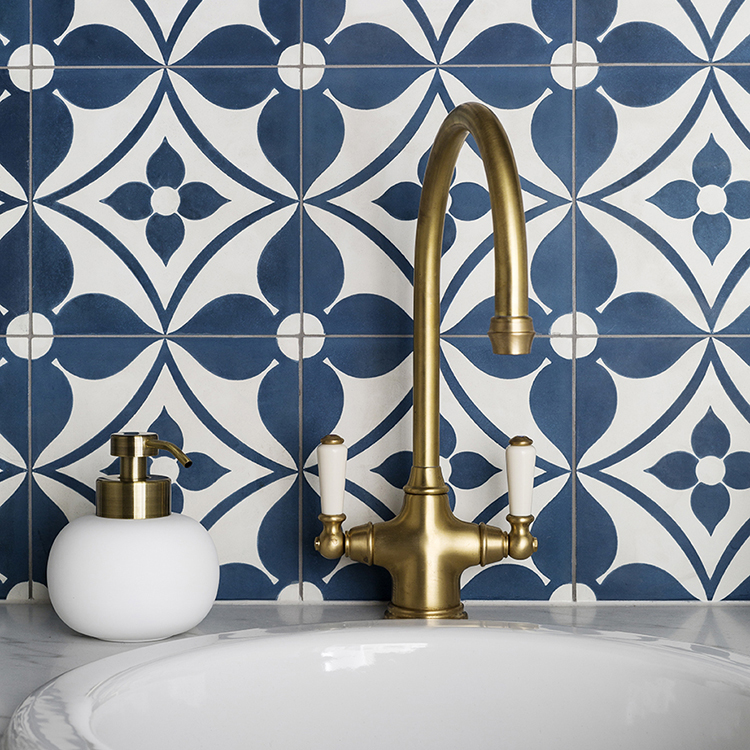 Phoenician 1 hole sink mixer with white porcelain lever taps