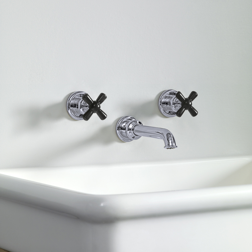 Rockwell wall-mounted basin mixer with 130mm tubular spout & metal/coloured crosshead taps