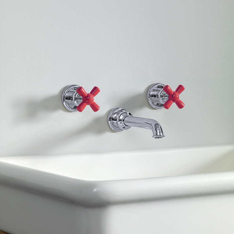 Rockwell wall-mounted basin mixer with 130mm tubular spout & metal/coloured crosshead taps