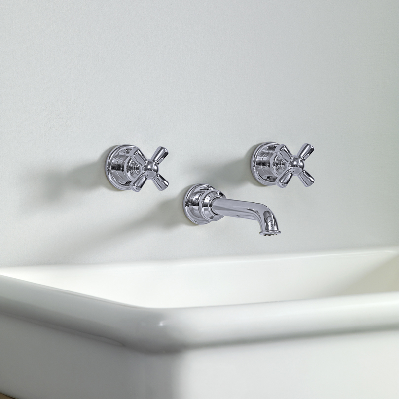Rockwell wall-mounted basin mixer with 130mm tubular spout & metal/coloured crosshead taps