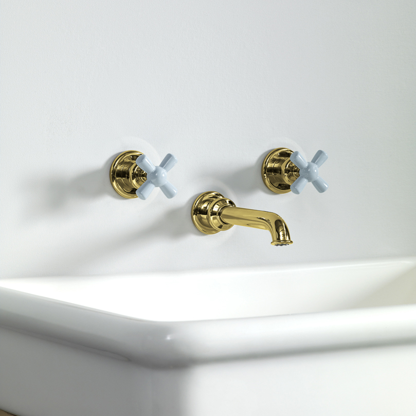 Rockwell wall-mounted basin mixer with 165mm tubular spout & metal/coloured crosshead taps