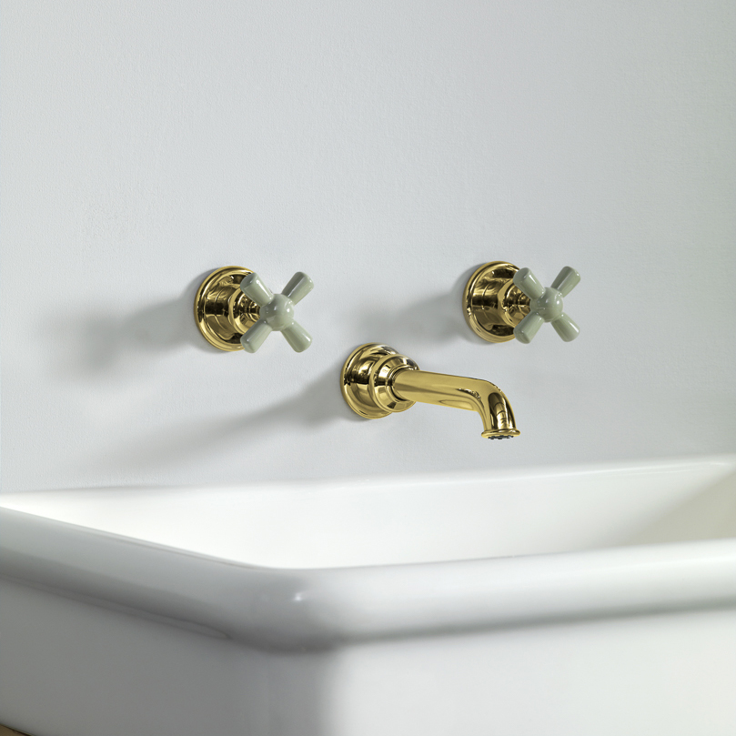 Rockwell wall-mounted basin mixer with 165mm tubular spout & metal/coloured crosshead taps