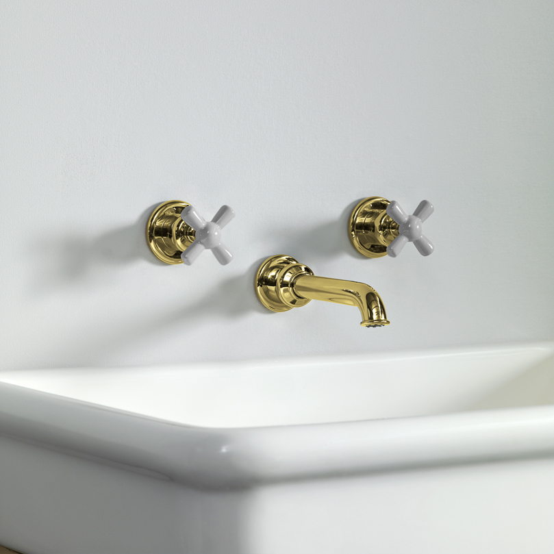Rockwell wall-mounted basin mixer with 165mm tubular spout & metal/coloured crosshead taps