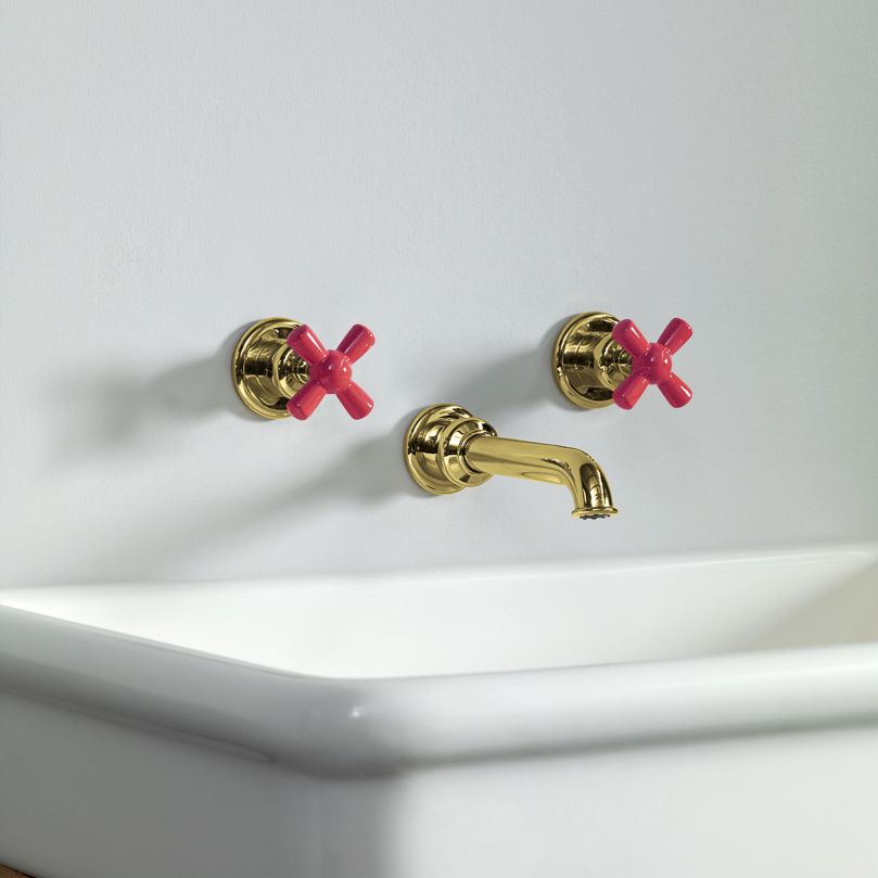 Rockwell wall-mounted basin mixer with 165mm tubular spout & metal/coloured crosshead taps