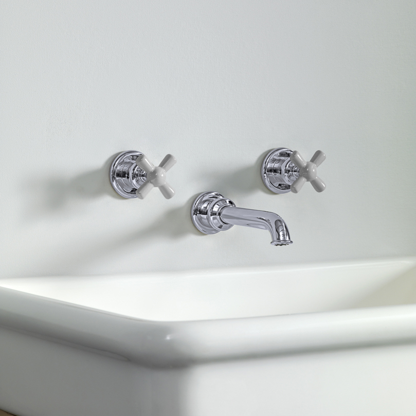 Rockwell wall-mounted basin mixer with 165mm tubular spout & metal/coloured crosshead taps
