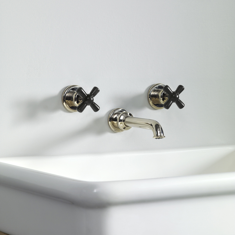 Rockwell wall-mounted basin mixer with 165mm tubular spout & metal/coloured crosshead taps