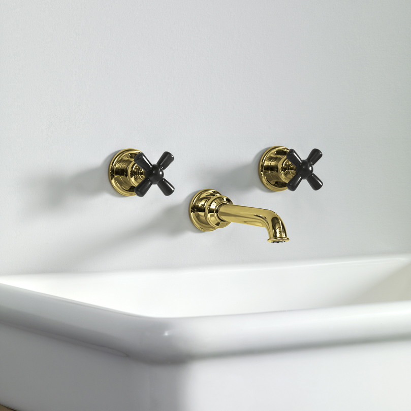 Rockwell wall-mounted basin mixer with 200mm tubular spout & metal/coloured crosshead taps