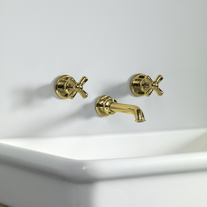 Rockwell wall-mounted basin mixer with 200mm tubular spout & metal/coloured crosshead taps