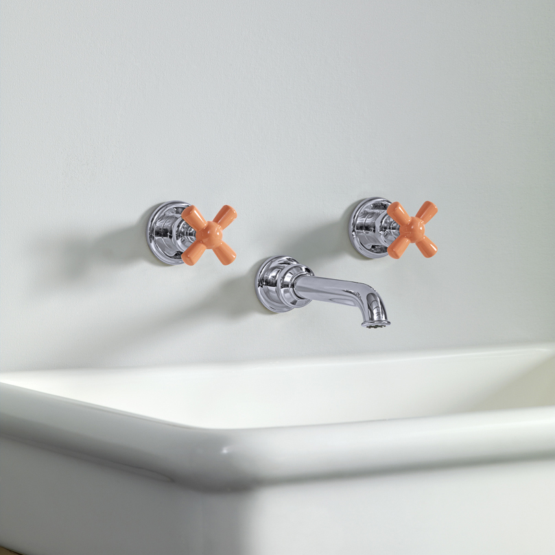 Rockwell wall-mounted basin mixer with 200mm tubular spout & metal/coloured crosshead taps
