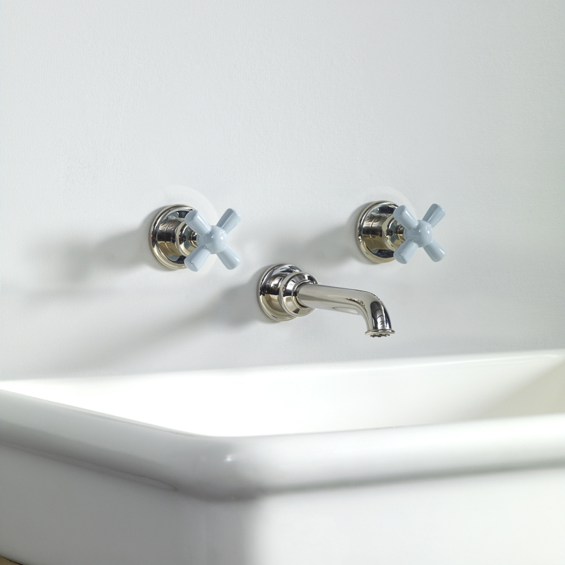 Rockwell wall-mounted basin mixer with 200mm tubular spout & metal/coloured crosshead taps