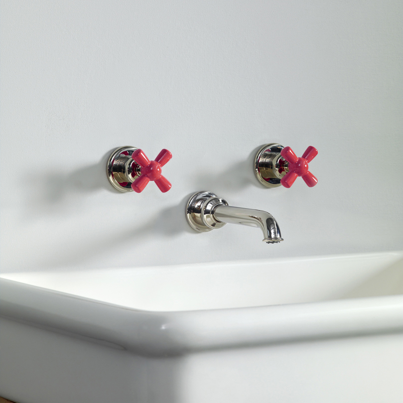 Rockwell wall-mounted basin mixer with 200mm tubular spout & metal/coloured crosshead taps