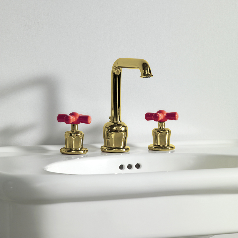 Rockwell 3 hole basin mixer with high spout & metal/coloured crosshead taps