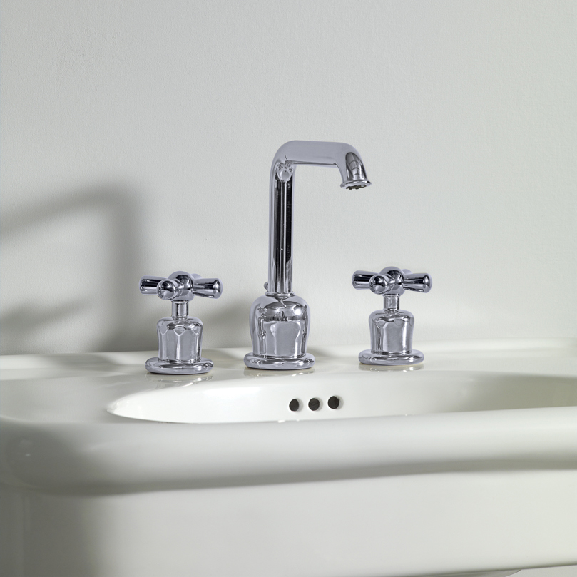 Rockwell 3 hole basin mixer with high spout & metal/coloured crosshead taps
