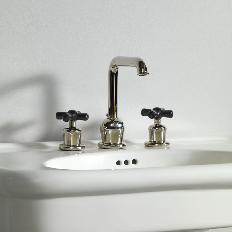 Rockwell 3 hole basin mixer with high spout & metal/coloured crosshead taps
