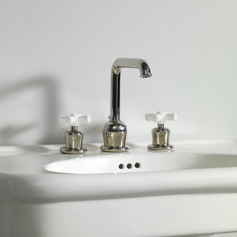 Rockwell 3 hole basin mixer with high spout & metal/coloured crosshead taps