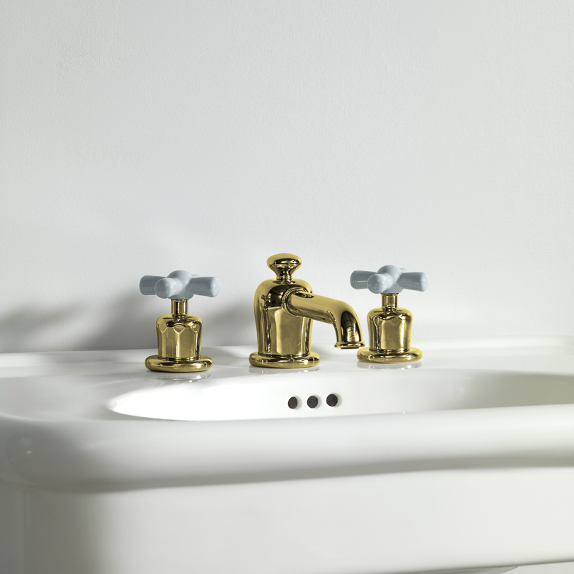 Rockwell 3 hole basin mixer with low spout & metal/coloured crosshead taps