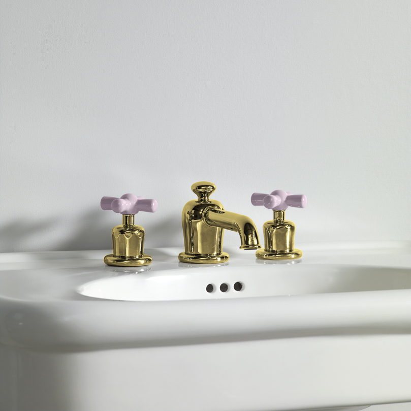 Rockwell 3 hole basin mixer with low spout & metal/coloured crosshead taps