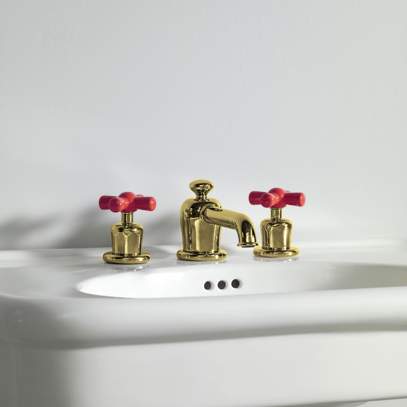 Rockwell 3 hole basin mixer with low spout & metal/coloured crosshead taps