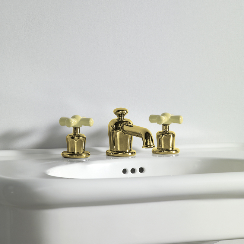 Rockwell 3 hole basin mixer with low spout & metal/coloured crosshead taps