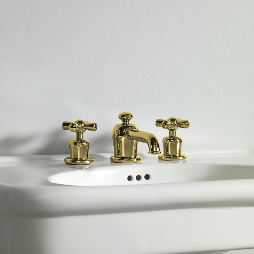Rockwell 3 hole basin mixer with low spout & metal/coloured crosshead taps