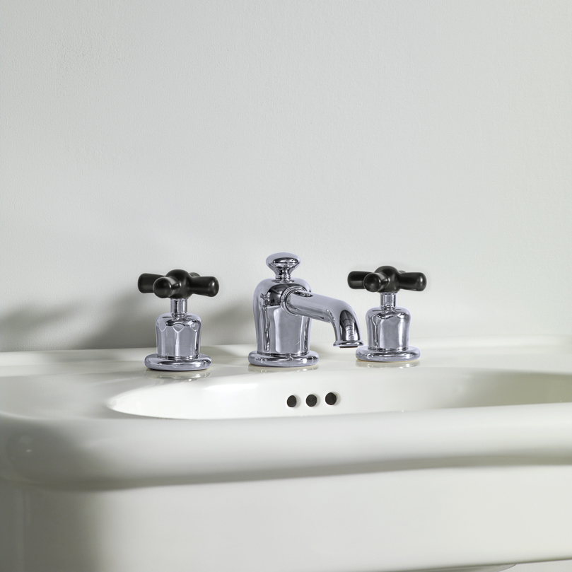 Rockwell 3 hole basin mixer with low spout & metal/coloured crosshead taps