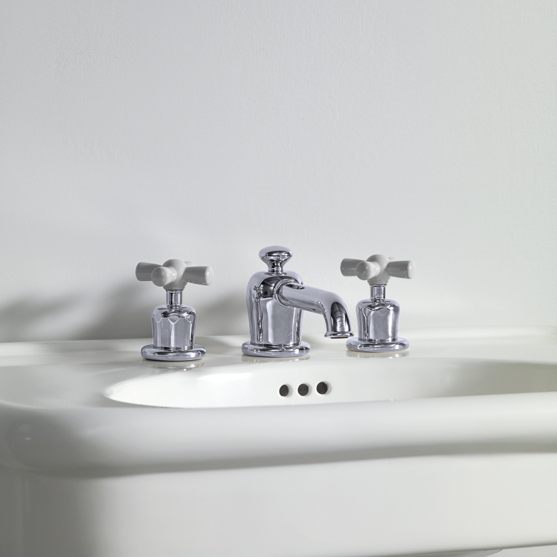 Rockwell 3 hole basin mixer with low spout & metal/coloured crosshead taps