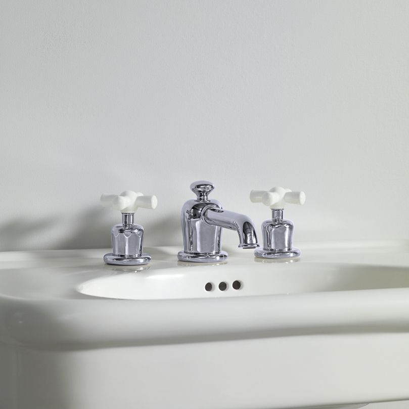 Rockwell 3 hole basin mixer with low spout & metal/coloured crosshead taps