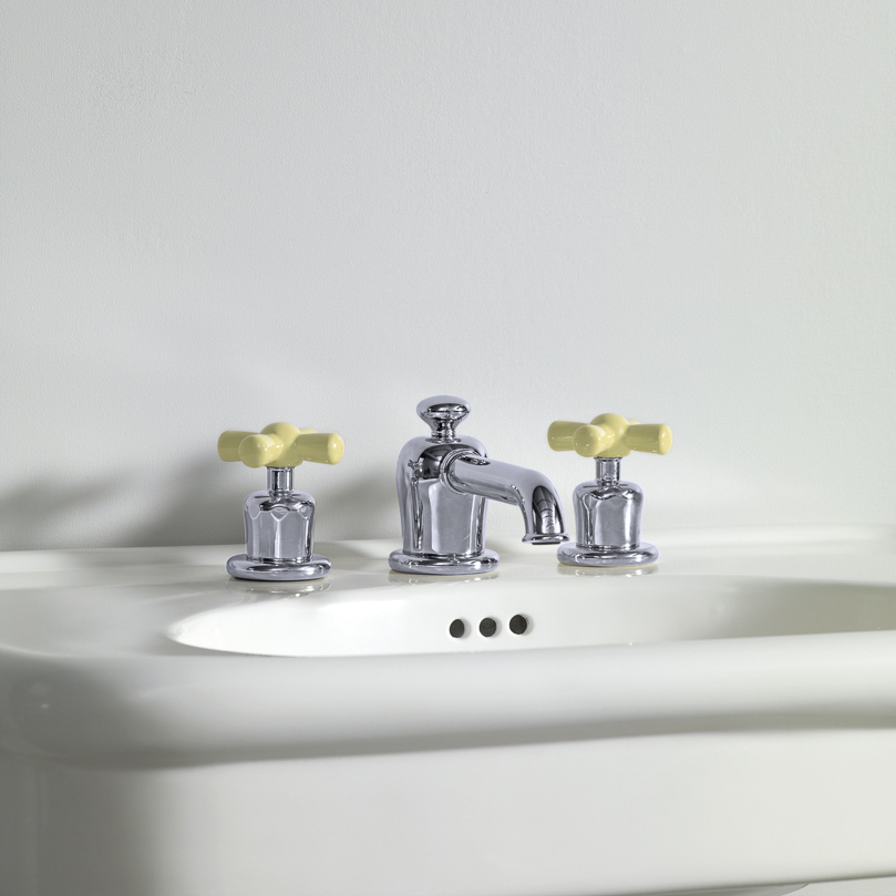 Rockwell 3 hole basin mixer with low spout & metal/coloured crosshead taps