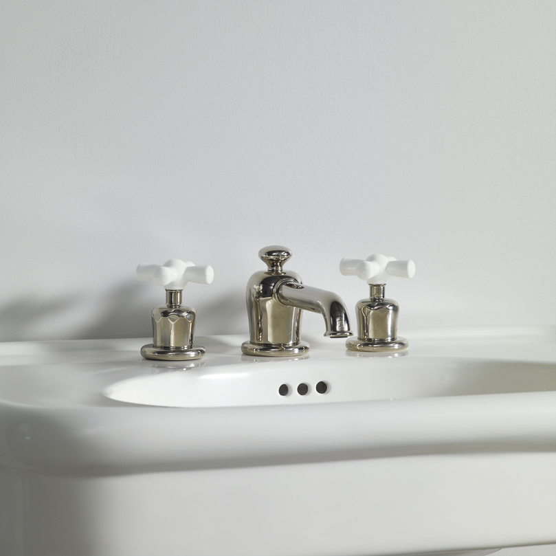 Rockwell 3 hole basin mixer with low spout & metal/coloured crosshead taps