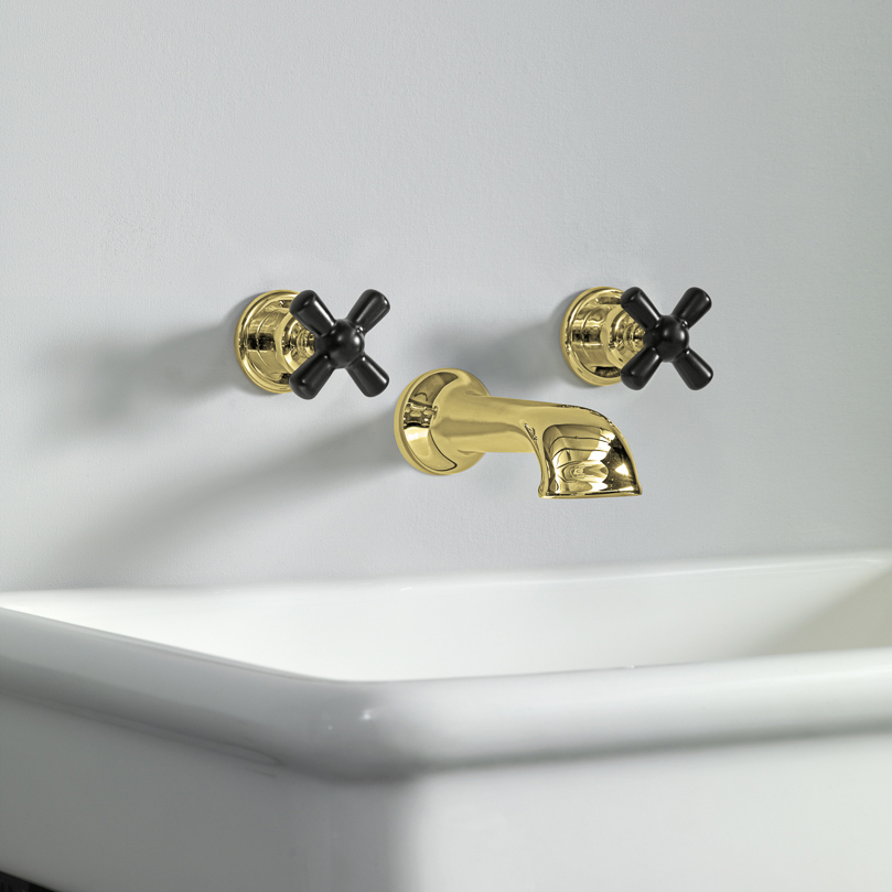 Rockwell wall-mounted basin mixer with 190mm cast spout & metal/coloured crosshead taps
