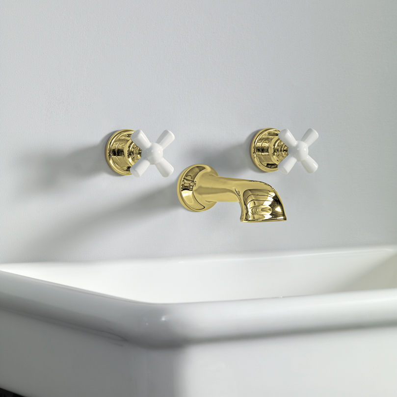 Rockwell wall-mounted basin mixer with 190mm cast spout & metal/coloured crosshead taps