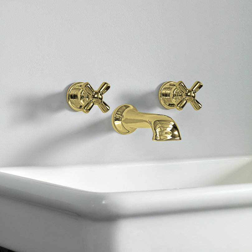 Rockwell wall-mounted basin mixer with 190mm cast spout & metal/coloured crosshead taps