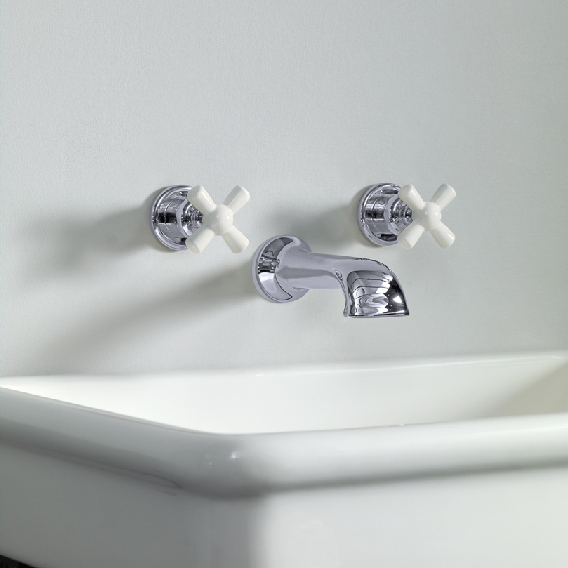 Rockwell wall-mounted basin mixer with 190mm cast spout & metal/coloured crosshead taps