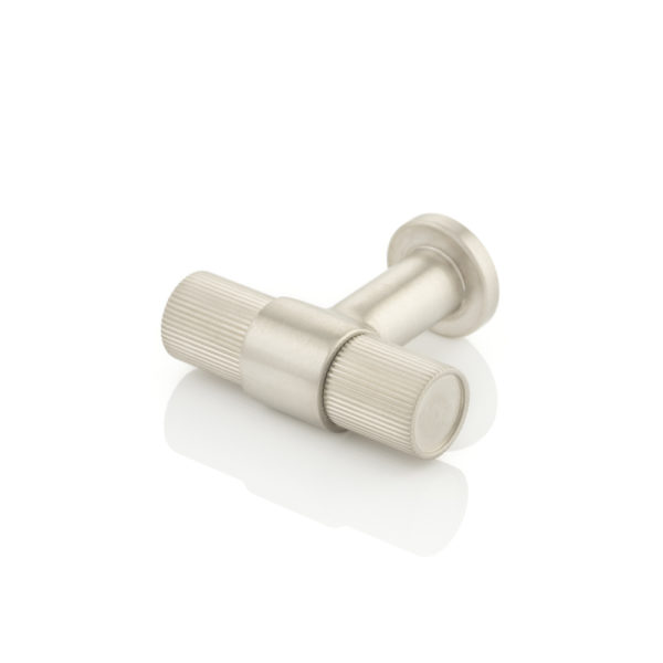 Montgomery T-bar cabinet pull with linear knurl on round rose