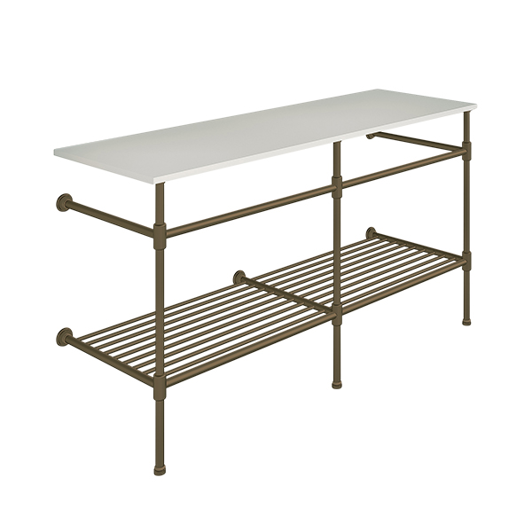Contemporary 3 leg double basin stand for benchtop. Stepped feet & shelf. W1500 x D540 x H880