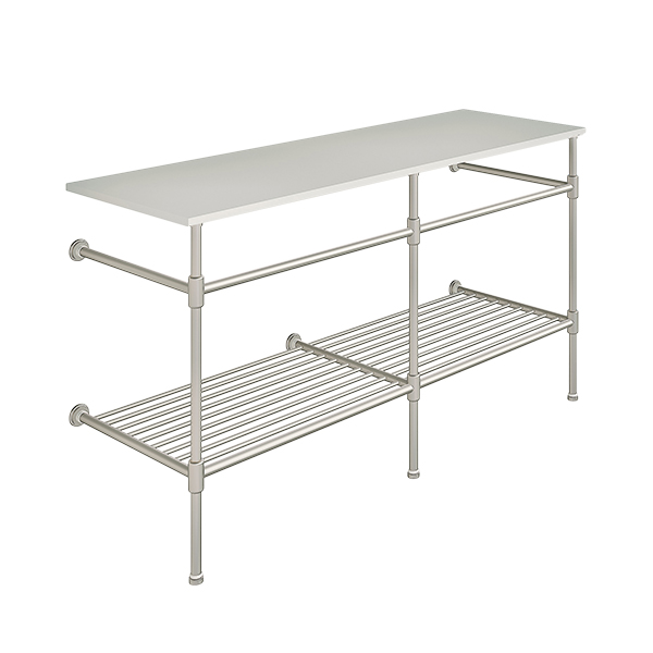 Contemporary 3 leg double basin stand for benchtop. Stepped feet & shelf. W1500 x D540 x H880