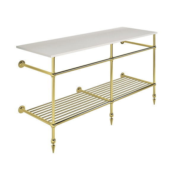 Traditional 3 leg double basin stand for benchtop. Pointed feet & shelf. W1500 x D540 x H880